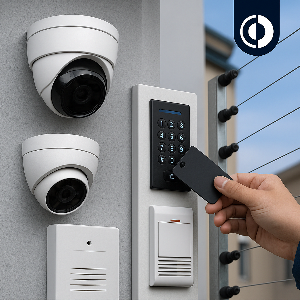 Complementos de seguridad electrónica como cercas eléctricas, señalización y controles de acceso